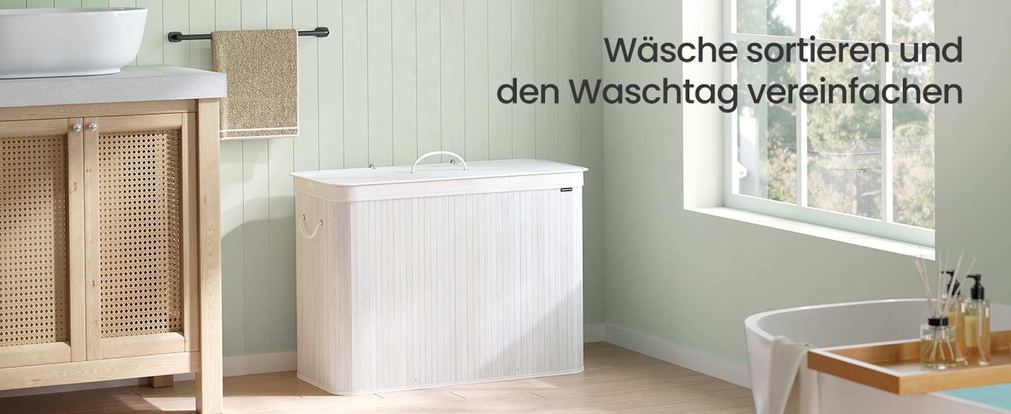 SONGMICS Wäschekorb mit Deckel, 3 Fächer, 170 Liter, Wäschesammler aus Bambus, faltbar