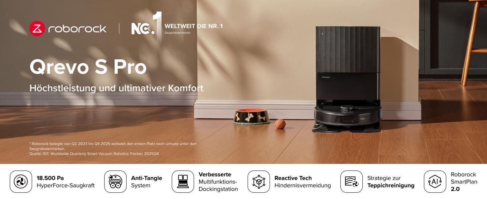 Roborock Qrevo S Pro Set Staubsauger Roboter mit Wischfunktion, 18.500Pa(Upgrade von QV 35A), Anti-Tangle System, 75 °C Heißwasser-Moppwäsche, Schwarz