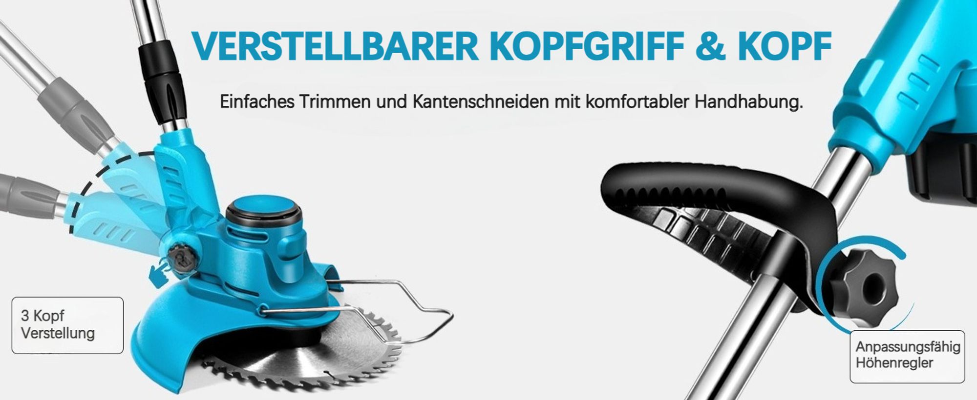 Akku Rasentrimmer 750W mit 2× 4000mAh Akkus 21V, 4 in 1 Bürstenloser Motor Rasentrimmer mit Unkrautbürste, Freischneider mit Messer und Ladegerät
