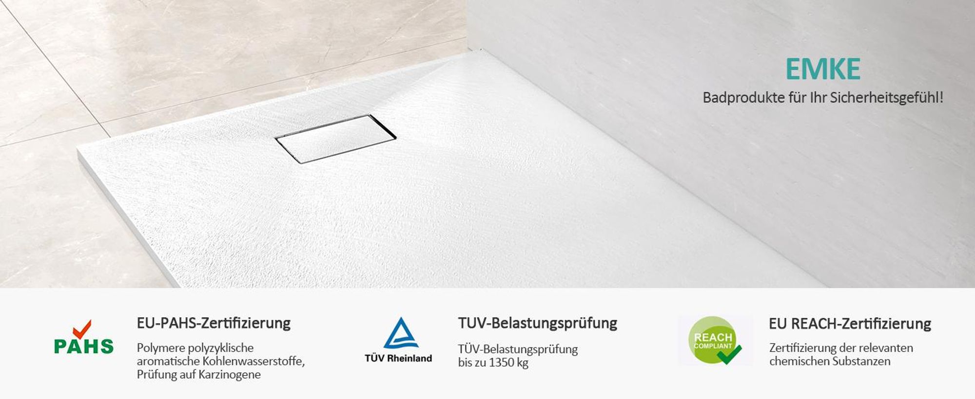 EMKE Duschwanne Flach Rechteckig 140x90cm Duschtasse mit Rutschfeste Struktur in Weißer Steinoptik inkl. Ablaufgarnitur