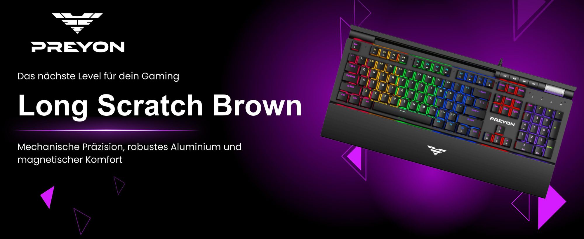 PREYON Long Scratch Brown Gaming-Tastatur, Handballenauflage, Outemu Brown Schalter, Aluminiumgehäuse, RGB-Beleuchtung, Antighosting