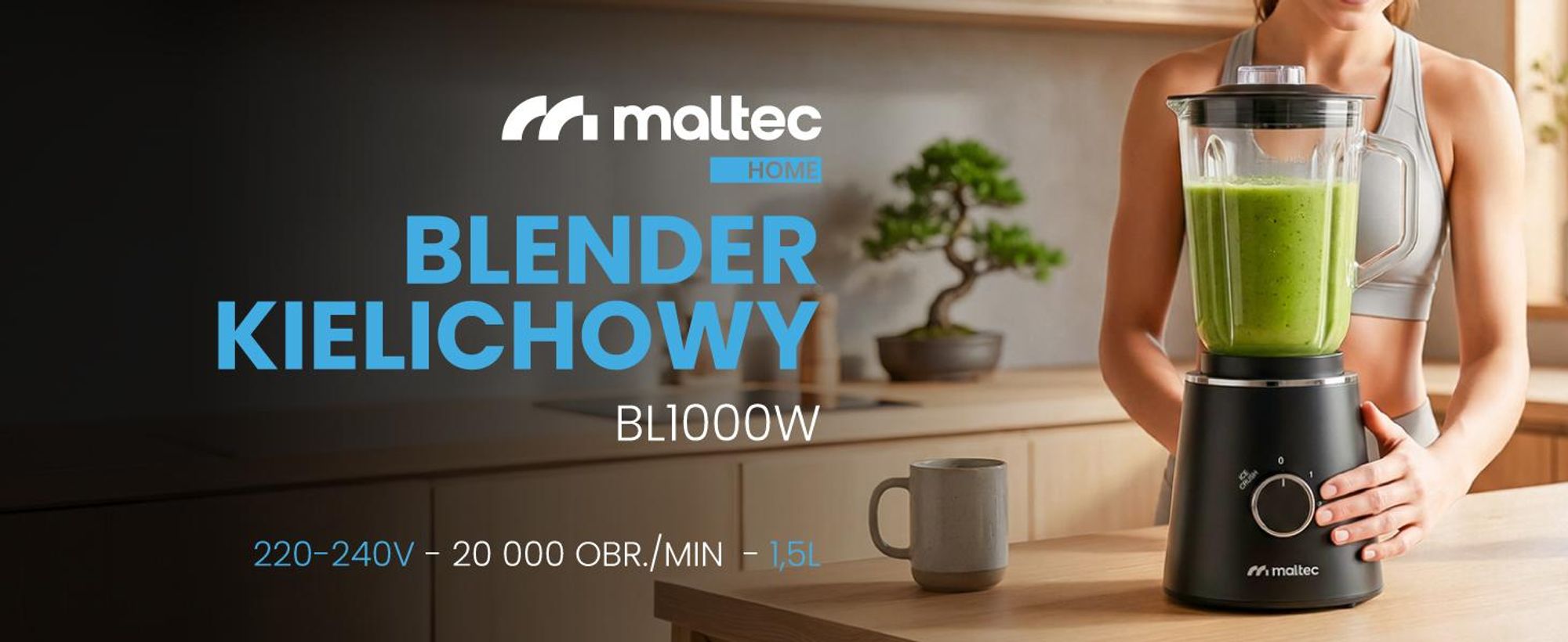 Blender stojący MalTec z dzbankiem o pojemności 1,5 l i butelką na wynos o pojemności 500 ml, moc 1000 W, 6 ostrzy ze stali nierdzewnej, 2 prędkości i funkcja pulsacyjna, antypoślizgowe nóżki – do przygotowywania koktajli i zup