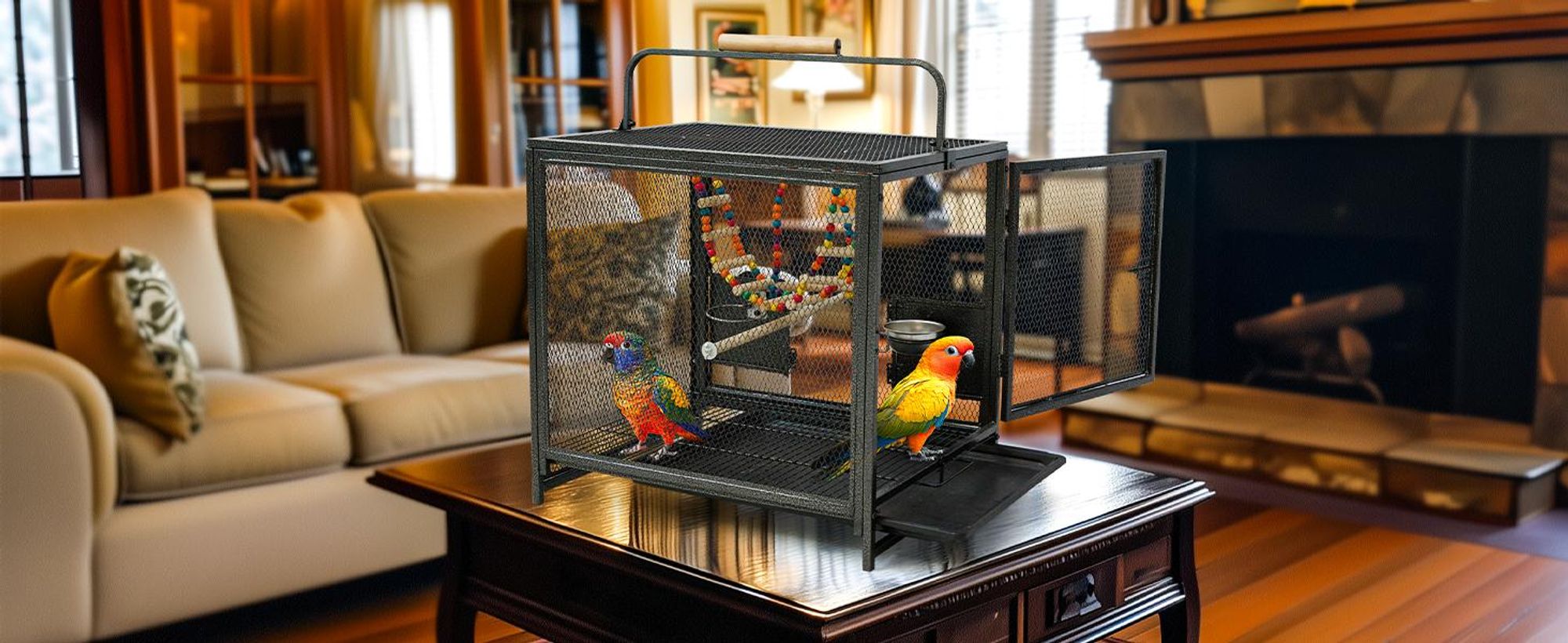 WISFOR Vogelkäfig mit Hängematte und Schaukeln, Vogelvoliere Wellensittichkäfig, Transport Ausstellung Box Käfig mit Spielzeug