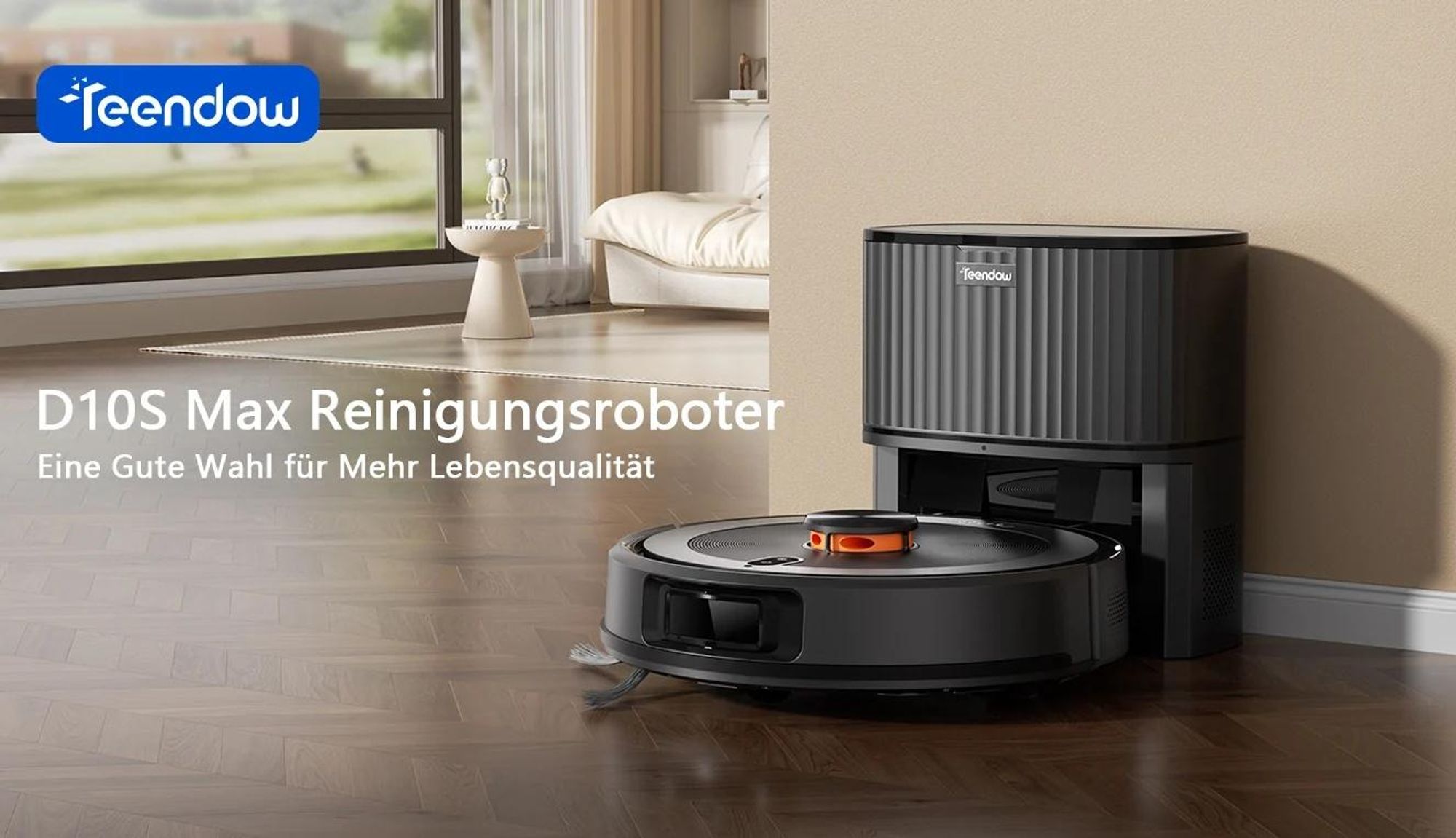 Teendow D10S MAX Saugroboter - 4500Pa 2600mAh Akku 180 Min Laufzeit 300ML/260ML Wassertank leise 70dB - Schwarz