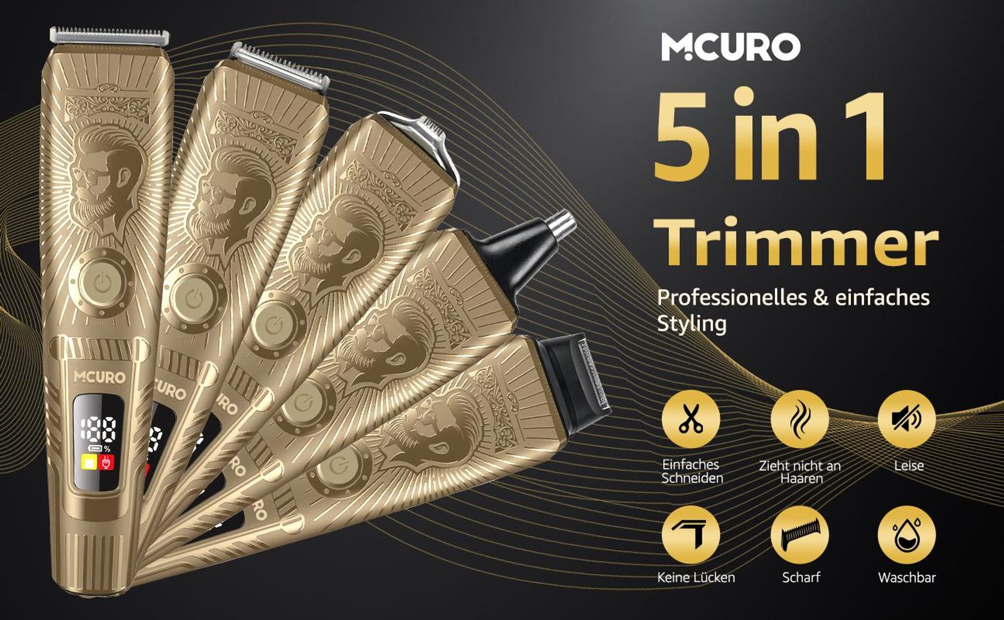 MCURO 5-in-1 Profi-Haarschneider – Leistungsstarker 7500-RPM Trimmer mit Edelstahlklingen, LED-Display, USB-C-Schnellladung, 6 Schnittlängen, vielseitigen Aufsätzen, Gold