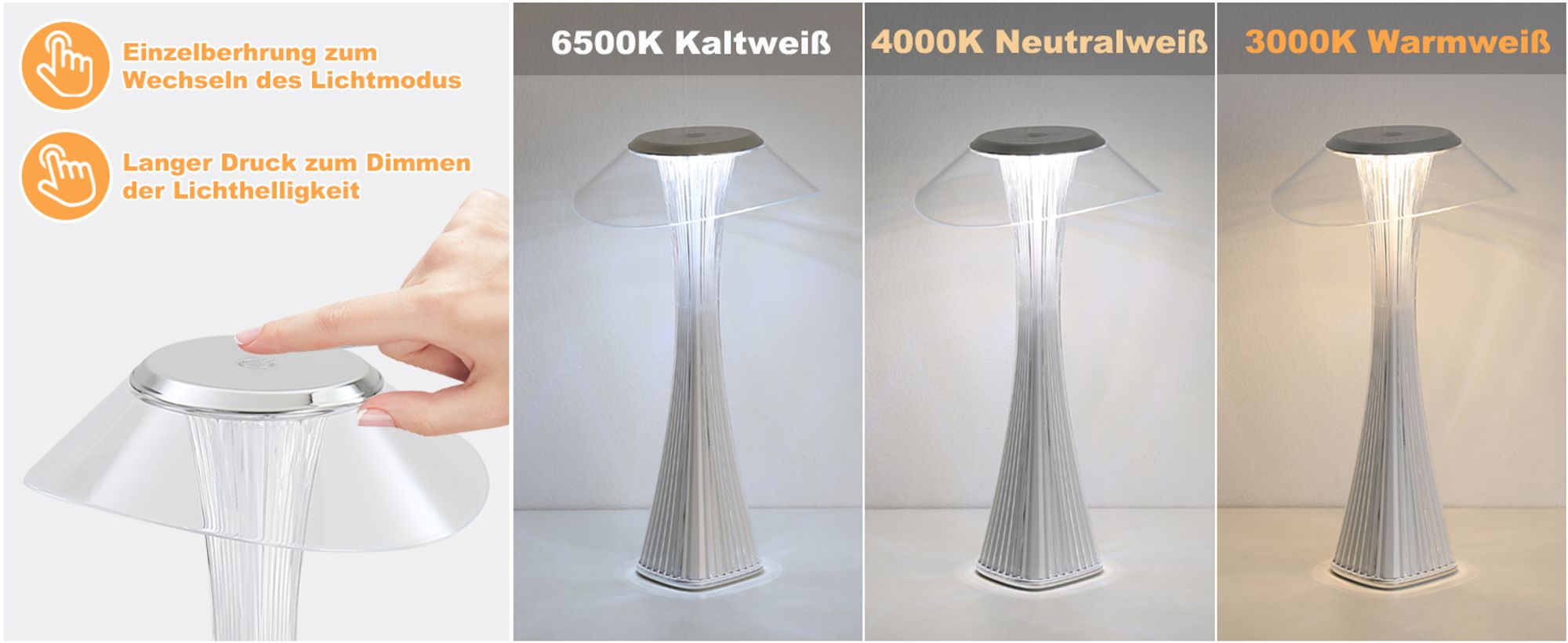 ZMH LED Tischlampe Touch Dimmbar 3000-6500K Weiß Nachttischlampe mit Akku Innen und Aussen Beleuchtung Tagbare Tischleuchte Aufladen Leseleuchte mit USB für Schlafzimmer Wohnzimmer Restaurant Hotel