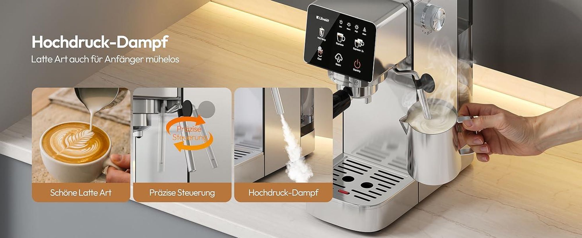 LLIVEKIT Siebträgermaschine, 20 Bar Espressomaschine mit Milchaufschäumer, Edelstahl