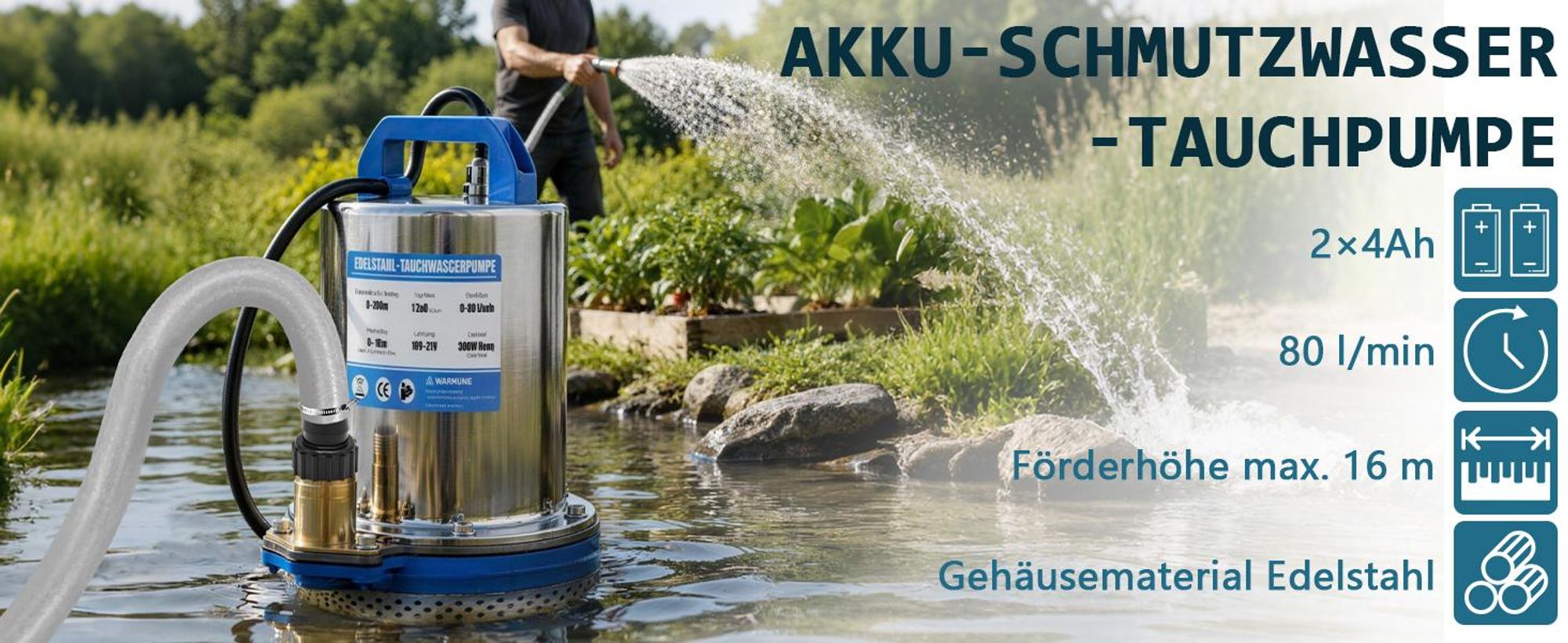 360° Akku Tauchpumpe Schmutzwasserpumpe mit 2×4,0Ah | Doppelakku Betrieb | Förderhöhe 16m | 4800L/H | Rundumabsaugung | Regenfasspumpe Tauchdruckpumpe