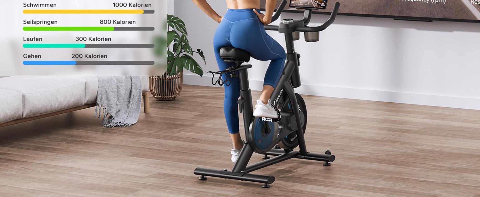 Heimtrainer Fahrrad mit magnetischem Widerstand – leiser Ergometer mit LCD, App, Tablet-Halter, Hantelrack, verstellbarem Sitz, bis 136 kg