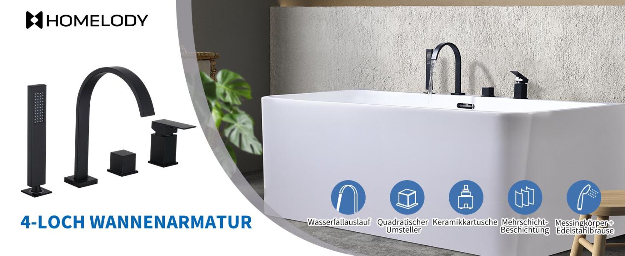Homelody Badewannenarmatur 4 Loch Schwarz, Badewanne wasserhahn Duschset mit Armatur Handbrause Wasserfall Wannenarmatur