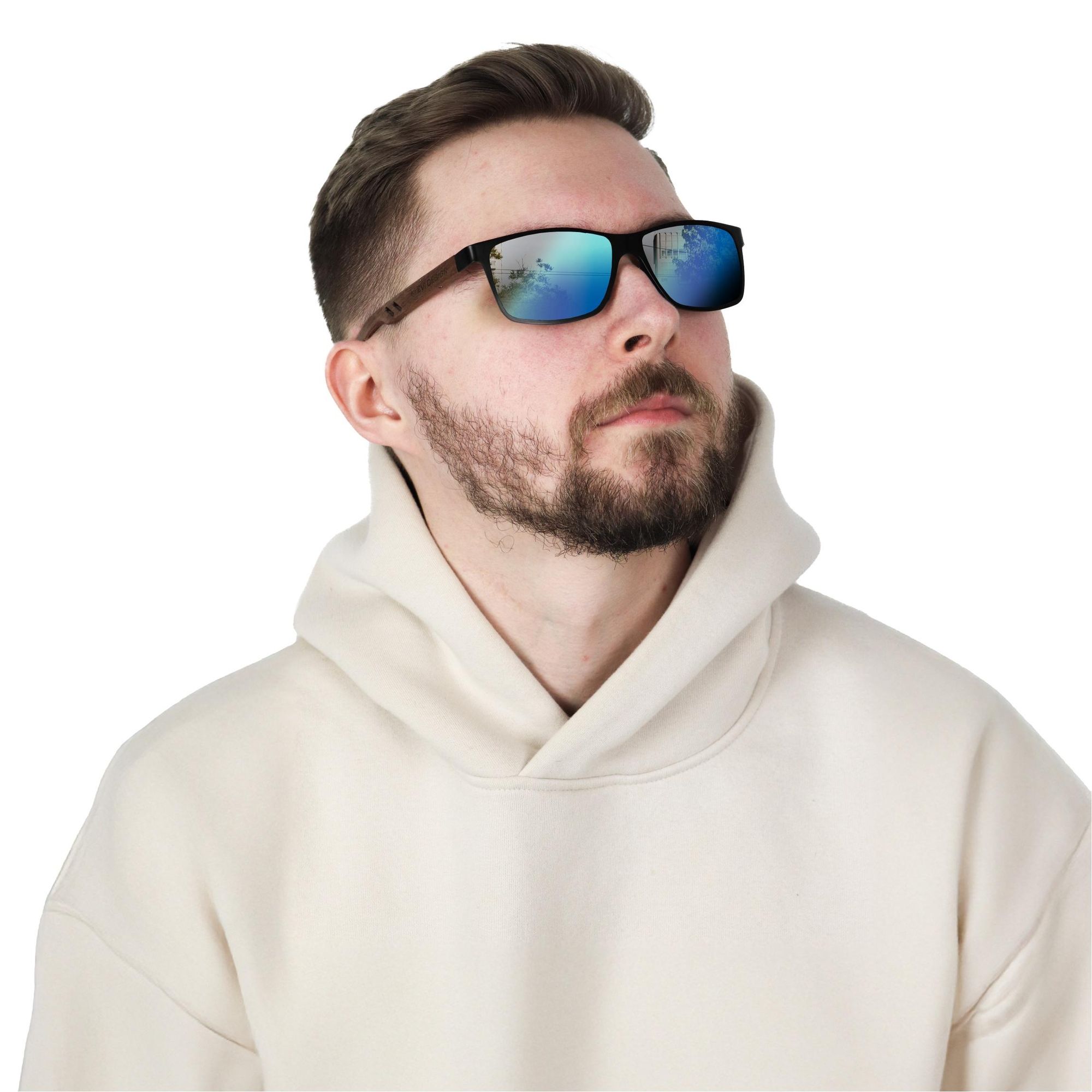 Sonnenbrille Herren Polarisiert UV400, Blaue Gläser Holz Sonnenbrille Nerd-Stil, Walnussholz-Bügel inkl. Etui & XXL-Zubehör, EVI DESIGN Blau