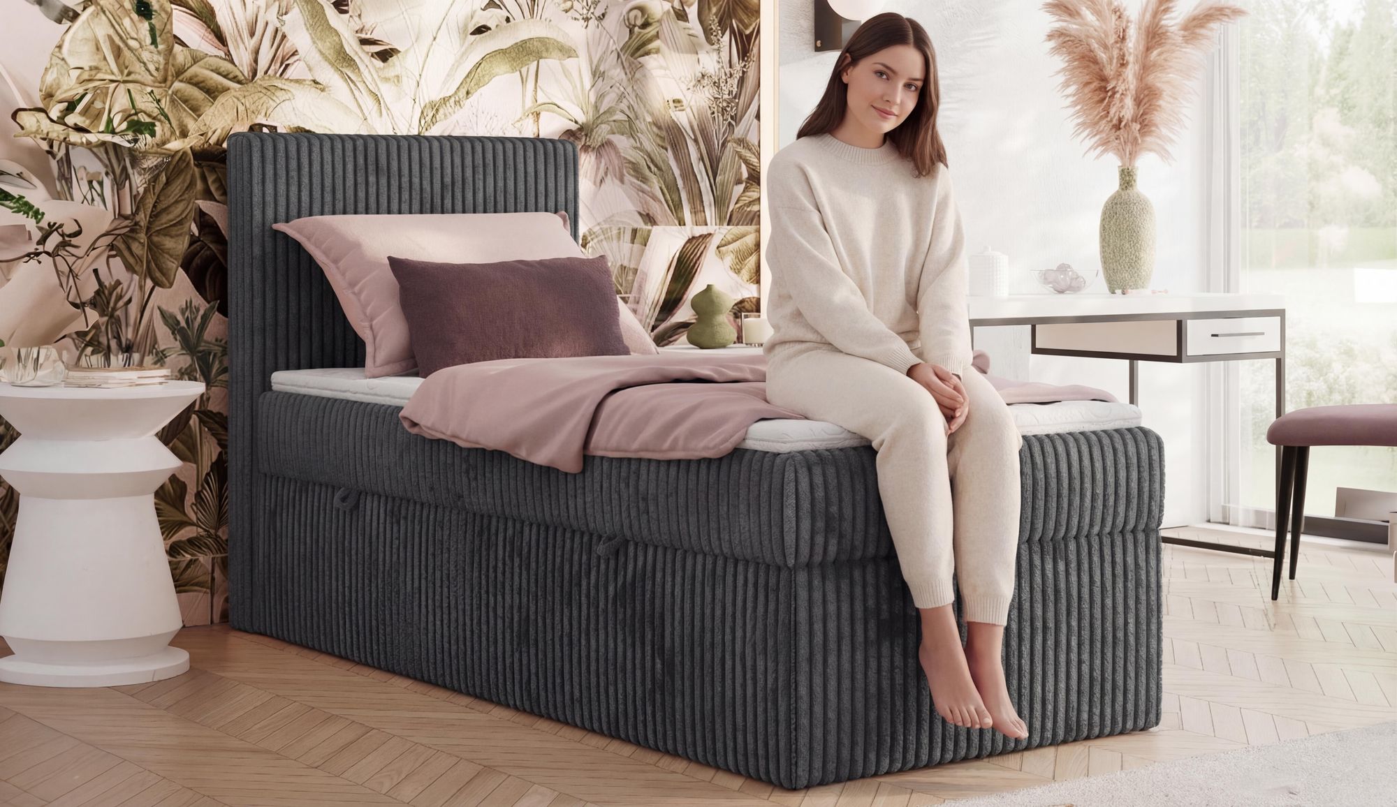 MKS MEBLE Boxspringbett 90x200 TILIANO, Einzelbett mit Multipocket-Matratze, Stauraumbett, gepolstert Kopfteil - Topper T25 - H3 - Hellgrau Cord - Rechts Seite