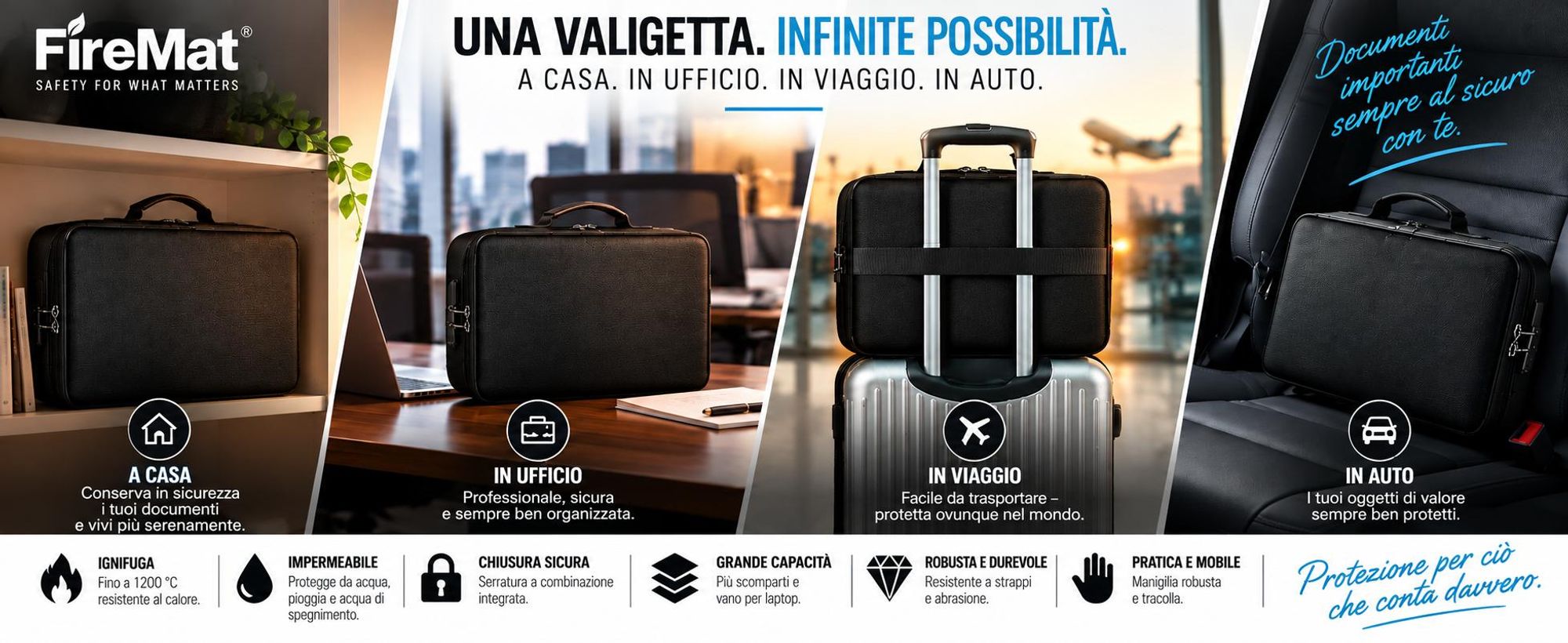Valigetta ignifuga con serratura a combinazione e grande capacità di archiviazione.