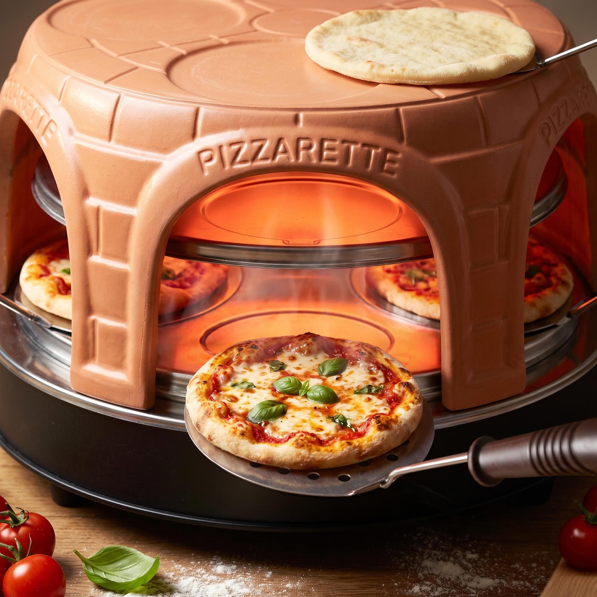 Emerio Pizzarette Original PO-116124.1 – Pizzaofen für 8 Personen – Handgefertigte Terrakotta-Kuppel – 1500W – Mini-Pizza