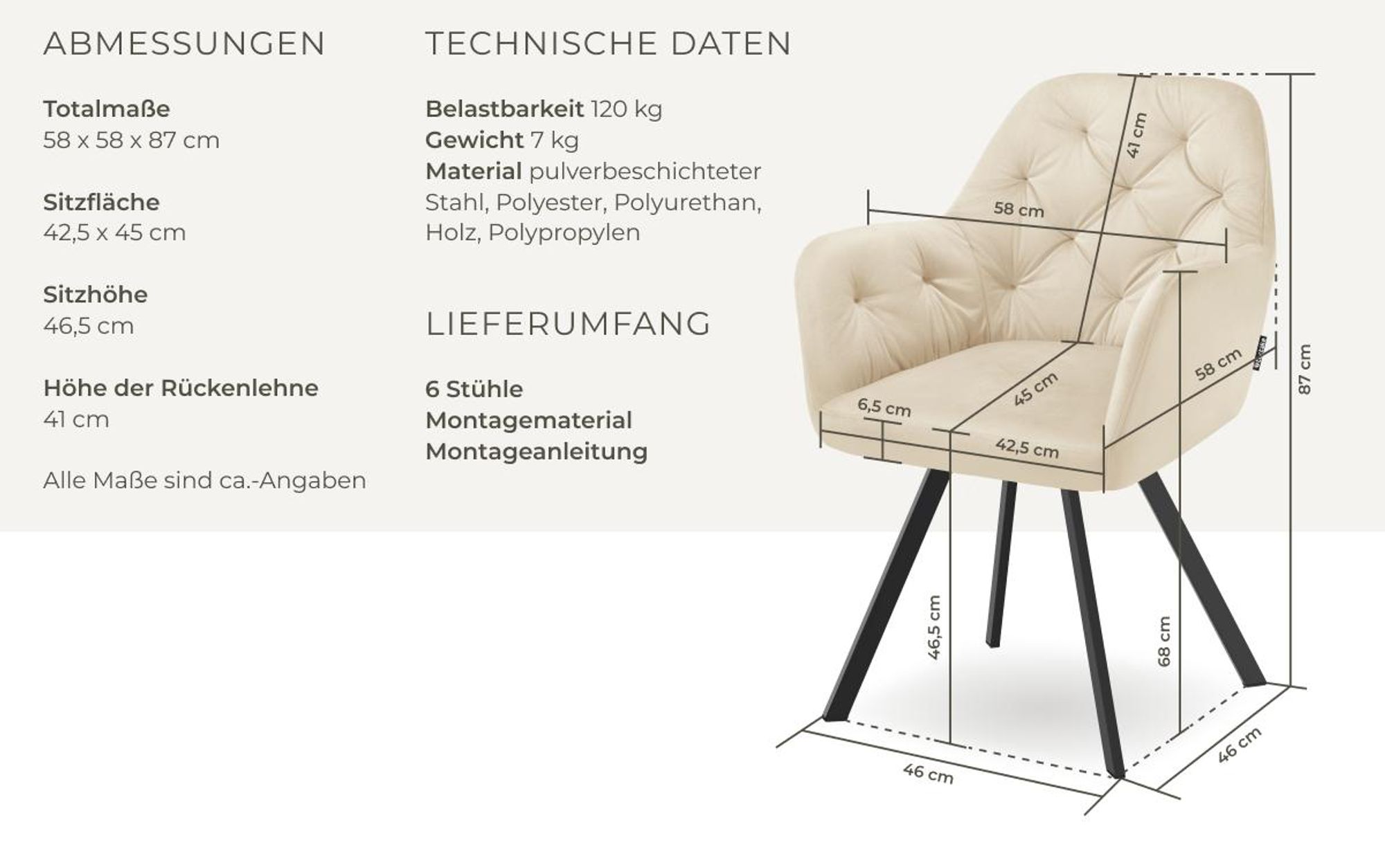 tectake® Drehbarer Samt-Armlehnstuhl Lucia gepolstert, mit Steppmuster 58 x 58 x 87 cm