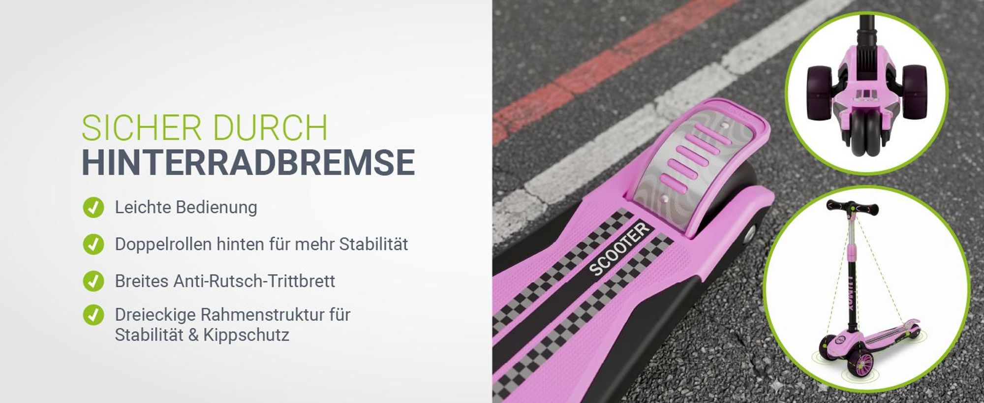 JUSKYS® Kinderroller Lumox - Rosa, LED Räder, höhenverstellbarer Kinderscooter