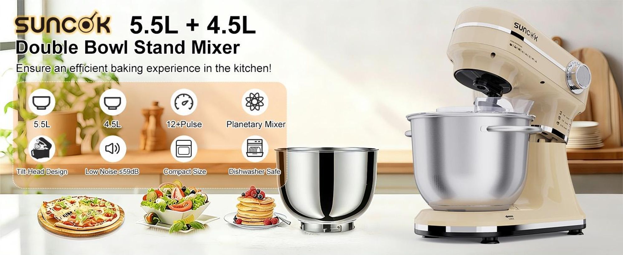 SUNCOK Multifunctionele keukenmachine, 1500W, 2 roestvrijstalen mengkommen (4,5L + 5,5L), 12 snelheden, met menggarde, deeghaak en garde, inclusief spatdeksel