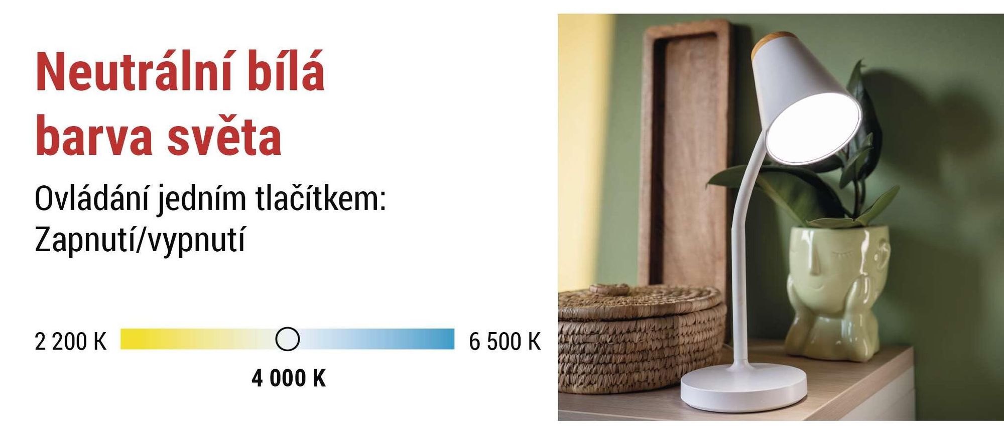 EMOS LED stolní lampa TARA 4,5 W, 280 lm, neutrální bílá 4000K, flexibilní s kabelem 1,6 m, Euro zástrčka, CRI>85, doba svícení 30000h, bílá, Z7641W