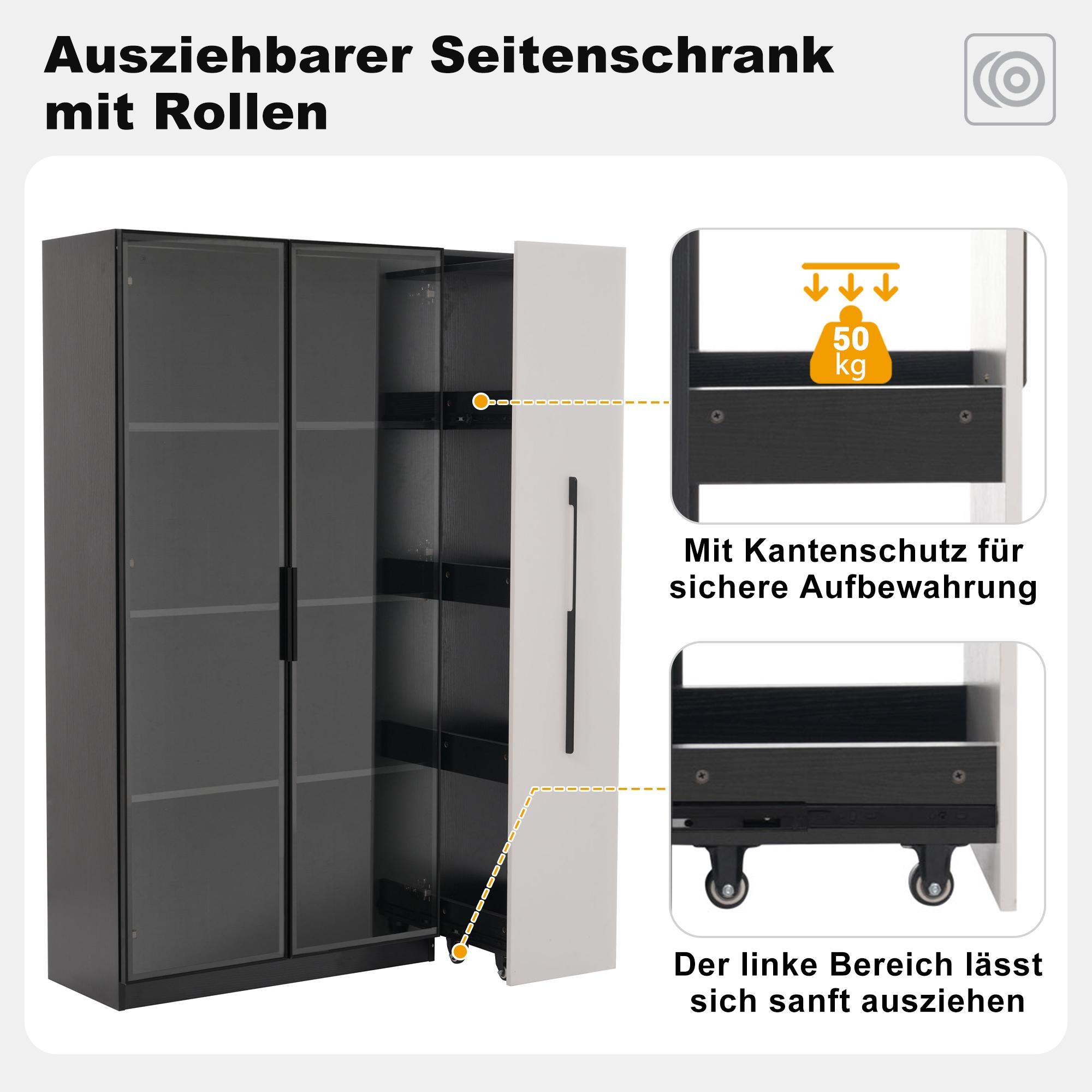 Merax Glasvitrine mit LED, Drei Türen, Auszugsschrank mit Regal, Vitrine Vitrinenschrank, Hochschrank, Bücherregal, 110.5x35x160cm, Schwarz+Weiß