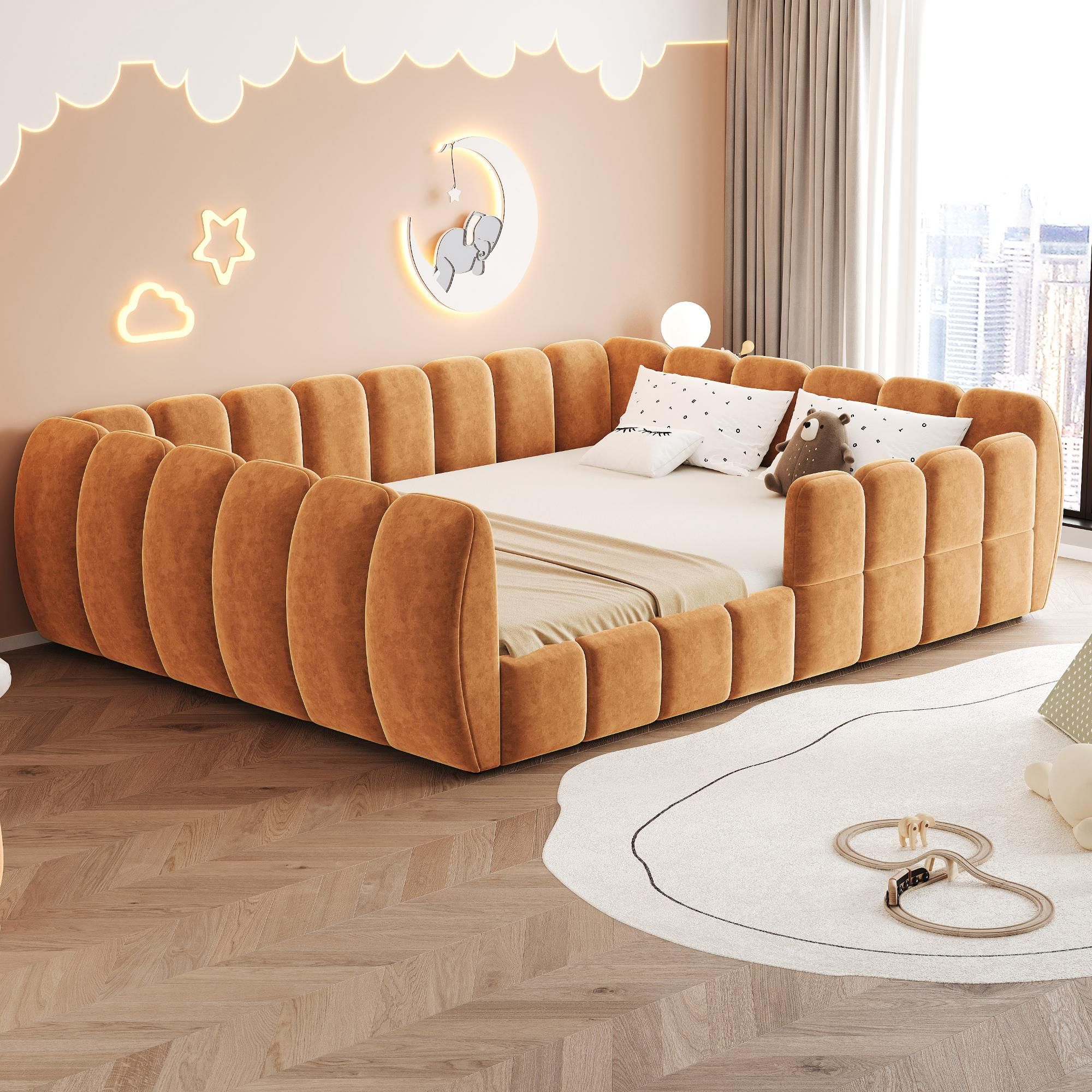 Merax Gepolstertes Kinderbett Bodenbett 140x200cm, Samtbett mit geschlossenem Design und abgerundeten Ecken, Montessori Bett für Jugendliche, Orange