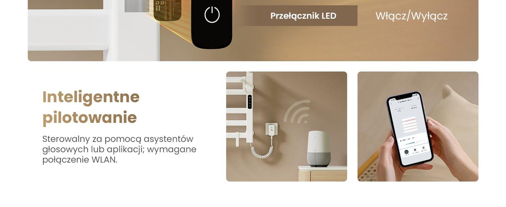 EMKE Grzejnik łazienkowy elektryczny 500x500 mm, 140W, dwurzędowy, płaskie rurki, półka i haki, WiFi Tuya Alexa, biały połysk
