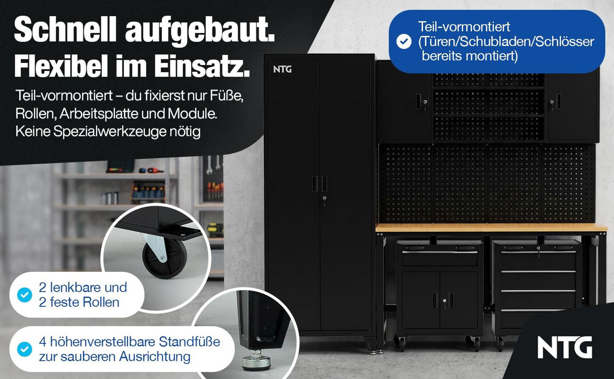 XL Werkstattwand Komplett-Set 210 cm – Modulares Werkstattsystem mit 25 mm Holzarbeitsplatte, Werkzeugschränken, Lochwand & Werkbank, 200 kg Traglast