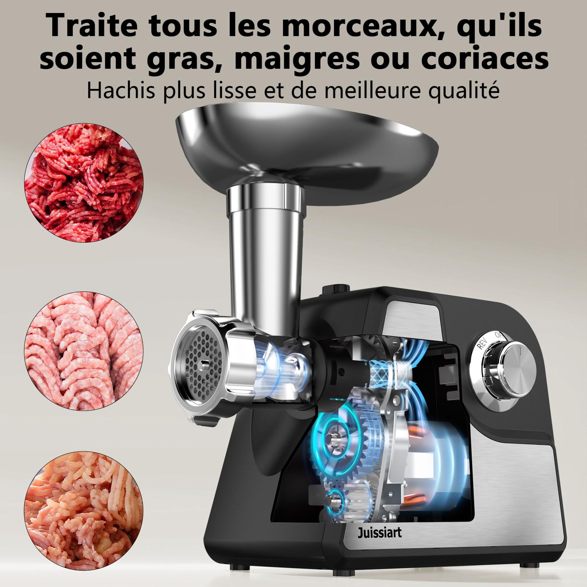 Juissiart MG4150R Hachoir à viande électrique - Puissance 300W Rendement en viande 1.2KG/min Matériau de la lame 420 Acier métallurgique en poudre - Noir