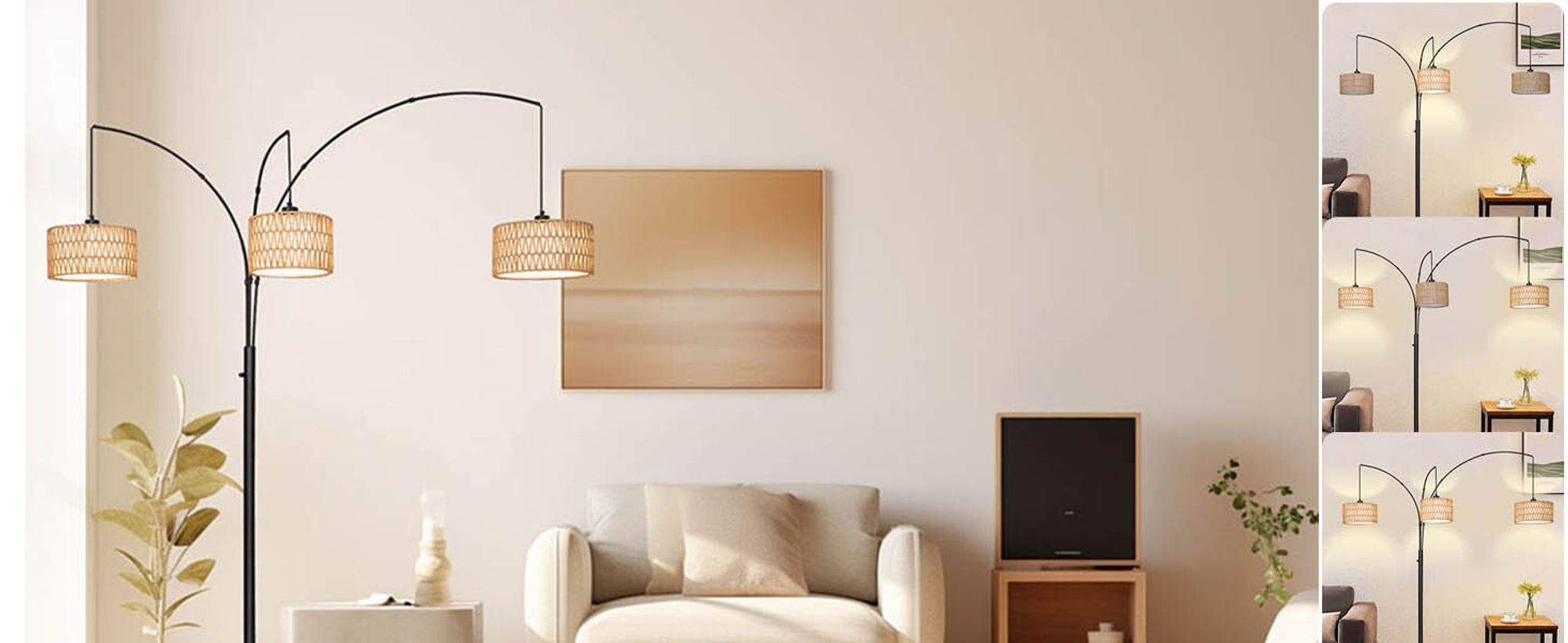 LED Stehlampe Rattan Stehleuchte Gewölbte Verstellbare Bogenlampe mit 3 Glühbirne Standleuchte Doppelter Lampenschirm Leselampe Knopf Schalter