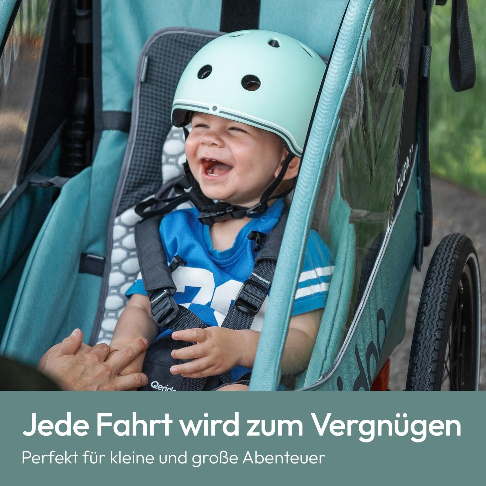 Qeridoo QUPA Plus 1 - Kinderfahrradanhänger für 1 Kind, Farbe: Mineral Blue