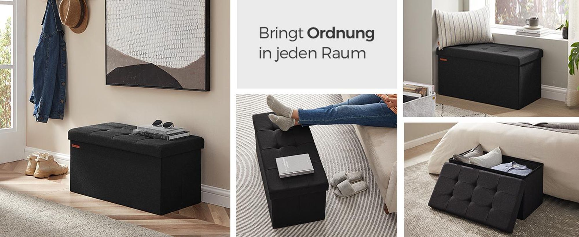 SONGMICS 76cm Sitzbank mit Stauraum, klappbare Sitztruhe, Fußbank, schwarz
