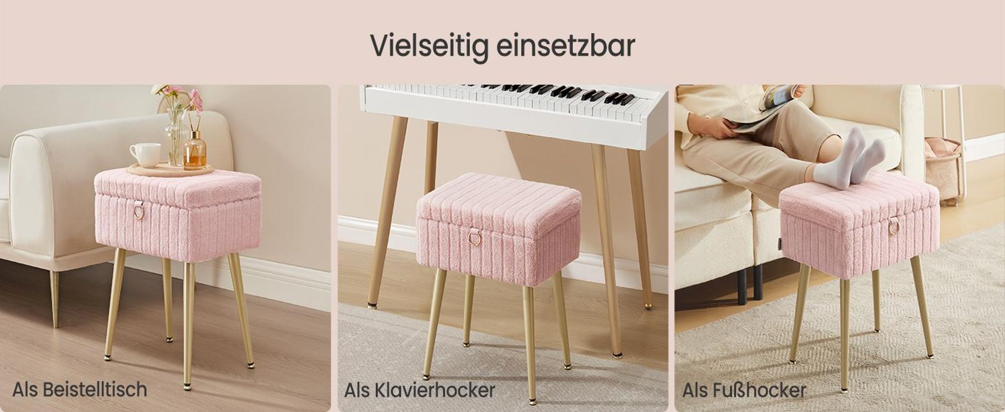 SONGMICS Schminktisch-Stuhl, Hocker mit Stauraum, Schminkhocker, Fußhocker, Metallbeine, gepolstert, verstellbare Füße