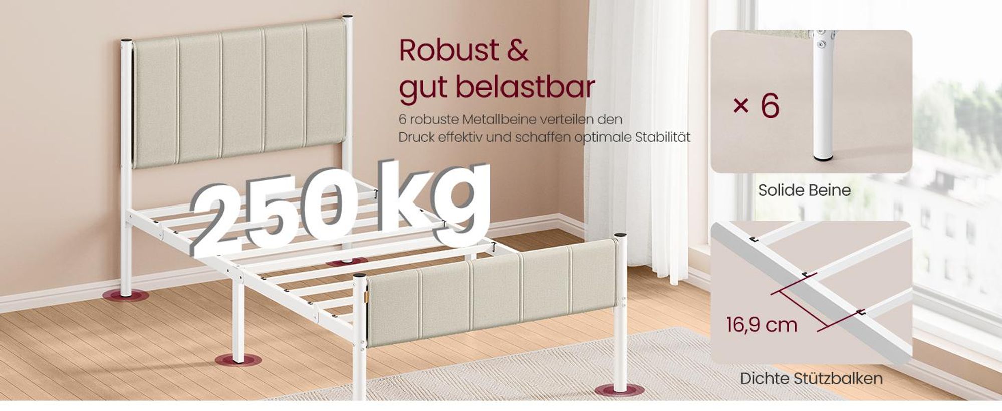 VASAGLE Einzelbett, Bettgestell, 90 x 200 cm, mit gepolstertem Kopfteil, Bettrahmen, Stahl, trägt bis zu 250 kg, beige