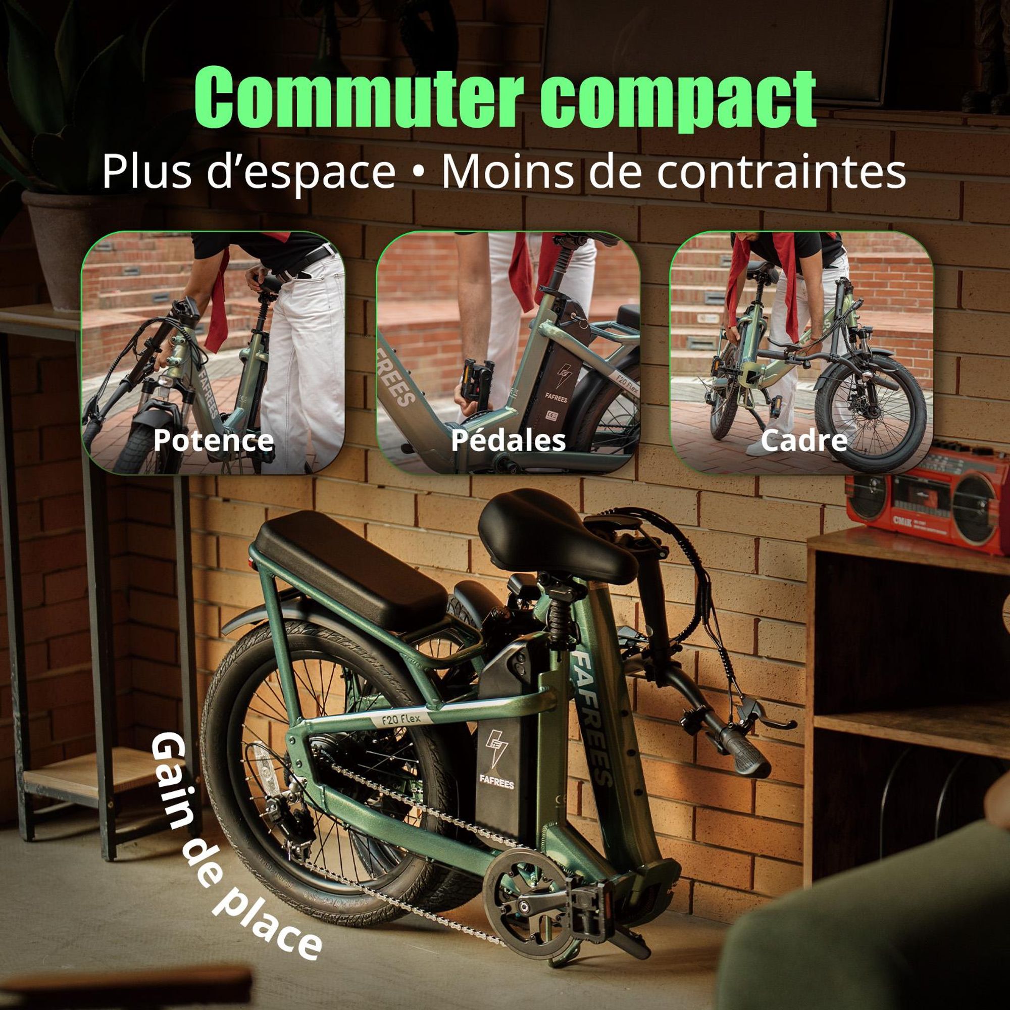 Vélo électrique flexible FAFREES F20 - Moteur 250 W, batterie 36 V 20 Ah, autonomie de 75 à 100 km, freins à disque mécaniques - Noir anthracite