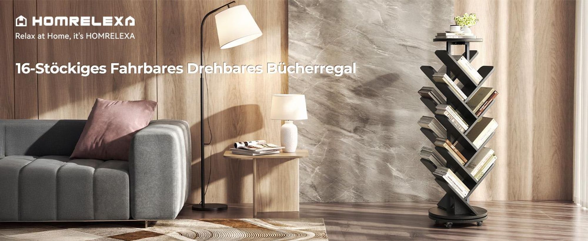 Drehbares Baum-Bücherregal Standregal Dekoregal mit 17 Ablagen, 360° Rotation, Lenkrollen mit Bremsen, Platzsparendes Standregal für Wohnzimmer Büro