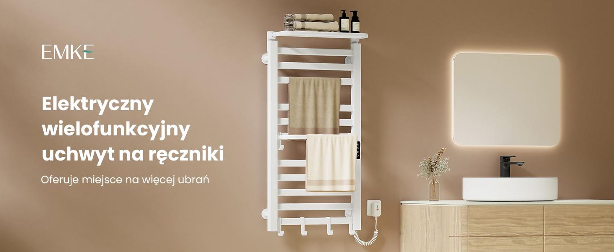 EMKE Grzejnik łazienkowy elektryczny 1000x500 mm, 280W, dwurzędowy, płaskie rurki, półka i haki, WiFi Tuya Alexa, biały połysk
