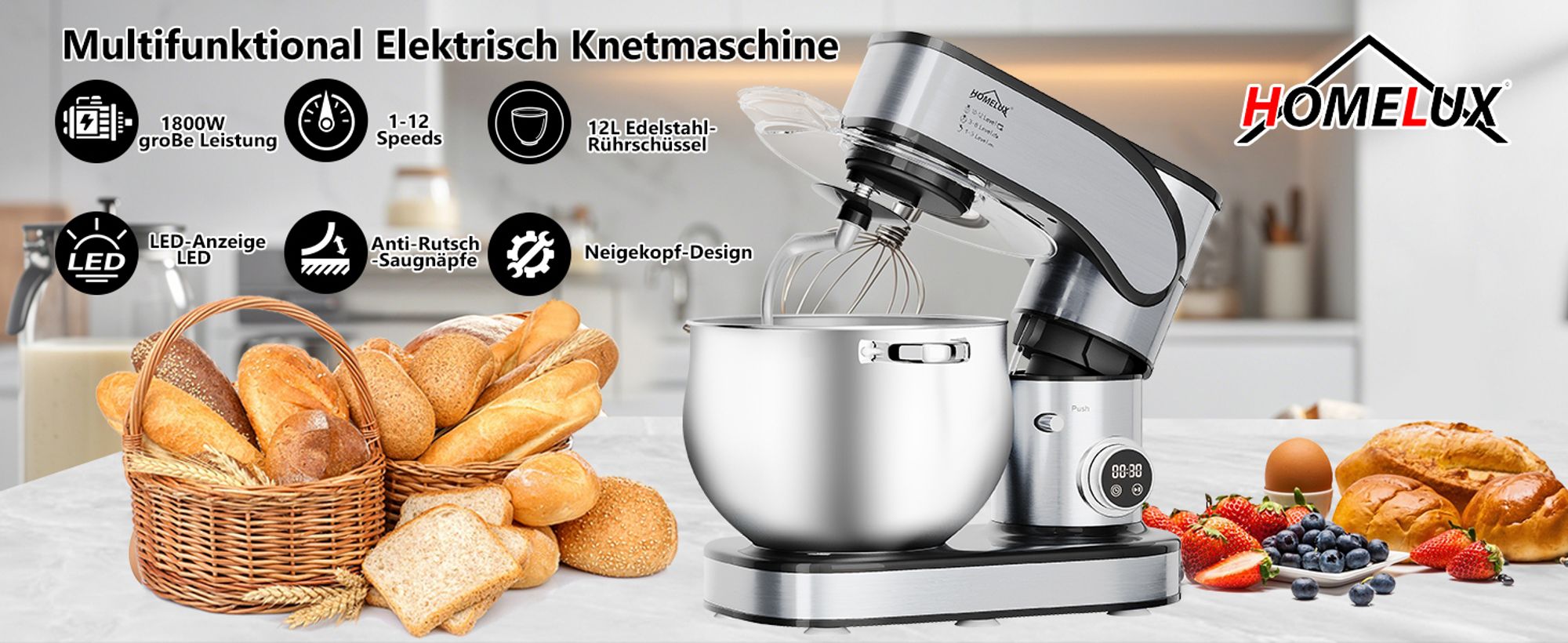 HOMELUX 2500W Küchenmaschine Multifunktional Knetmaschine, 12L Knetmaschine inkl 4-Teiligem Patisserie-Set und Spritzschutz, 12 Geschwindigkeit