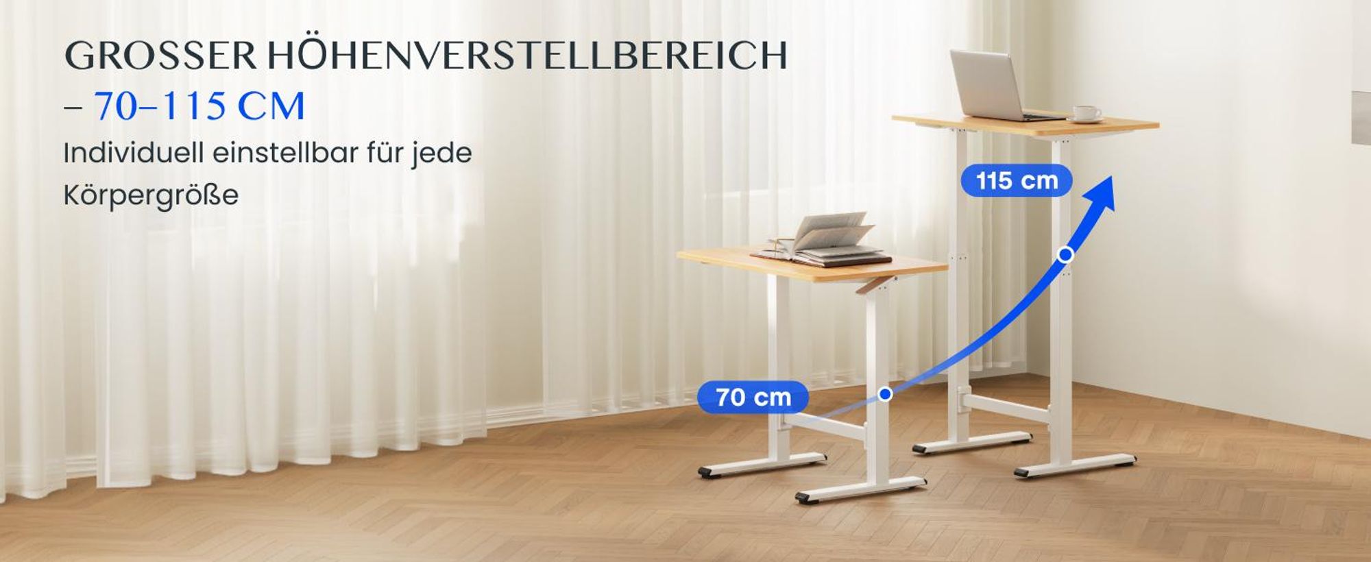 FLEXISPOT Gasfeder Höhenverstellbarer Schreibtisch 80×50 cm – stufenlos manuell verstellbar, Steh-Sitz-Tisch ohne Strom, mobil mit Rollen (Ahorn)