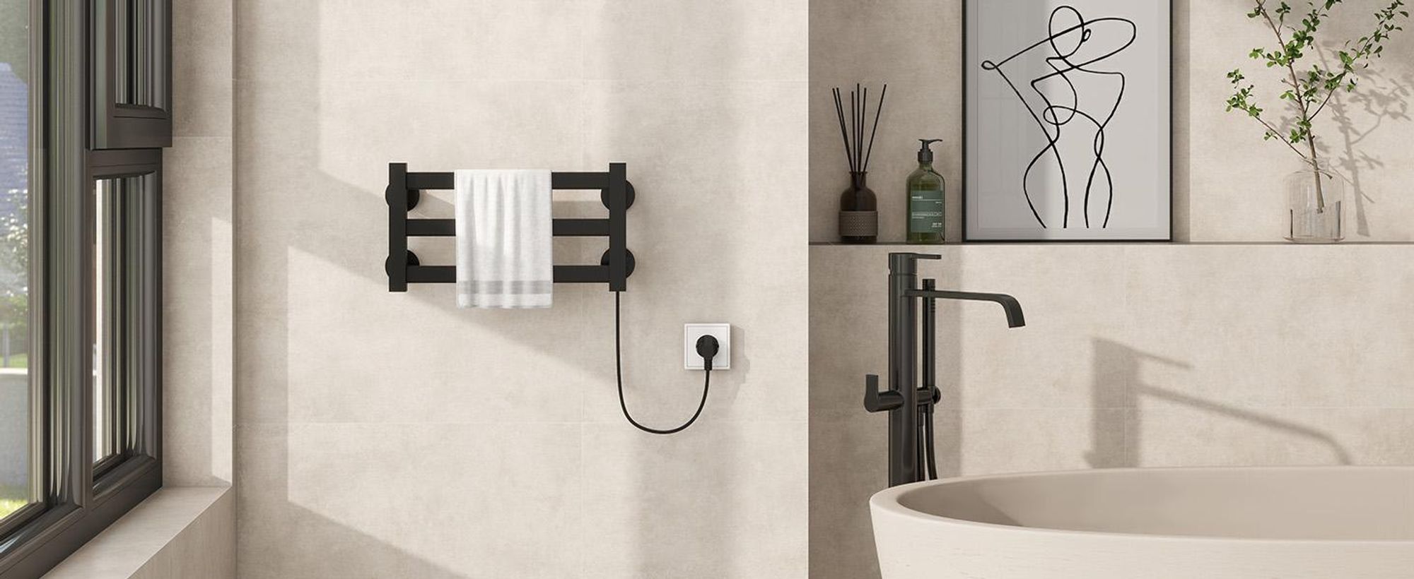 Puluomis Elektrische handdoekwarmer met één drukknopbediening, constante temperatuur van 55°C, IPX4 waterdicht, badradiator 40x21.6cm, zwart