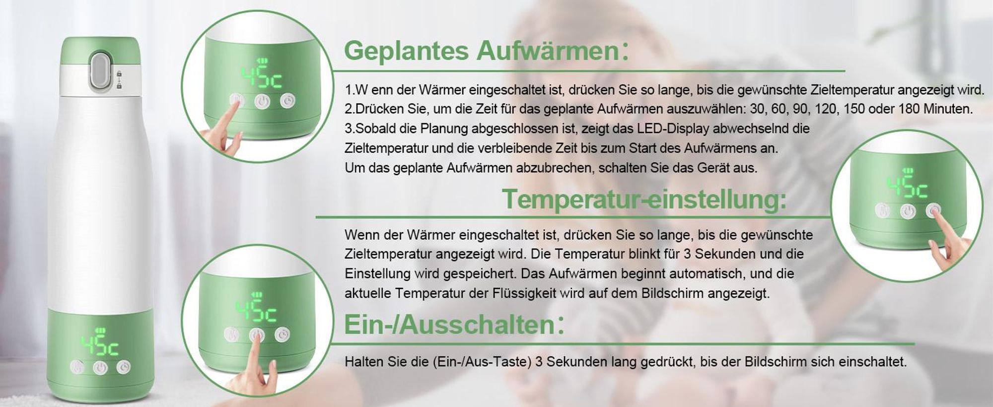 Tragbarer Flaschenwärmer Baby unterwegs für Muttermilch und Wasser, 350ml mit Reinigungsbürste für Reisen, Schnelles Aufheizen, Edelstahl 316, 9000mAh