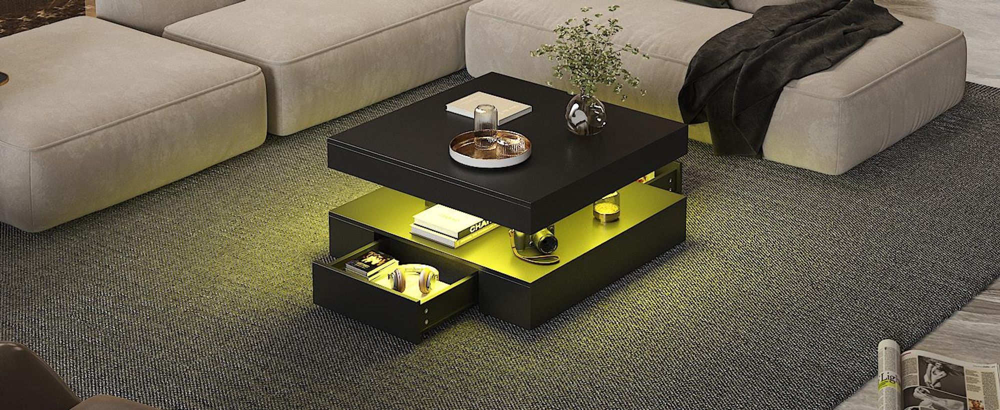 Radelldar Wohnzimmertisch mit 2 Schubladen, mit LED und Verstecktem Stauraum, matt 78x78x40cm, Schwarz