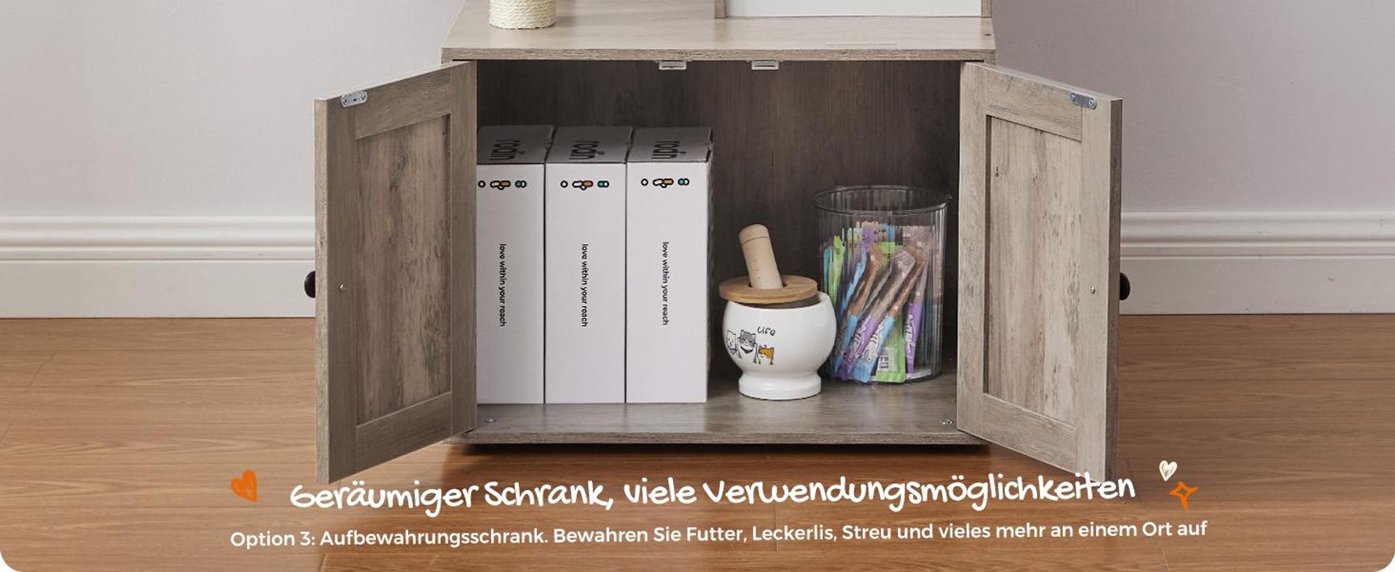 FEANDREA Kratzbaum, mit Katzenklo-Schrank abnehmbaren Plüschbällen 140cm greige