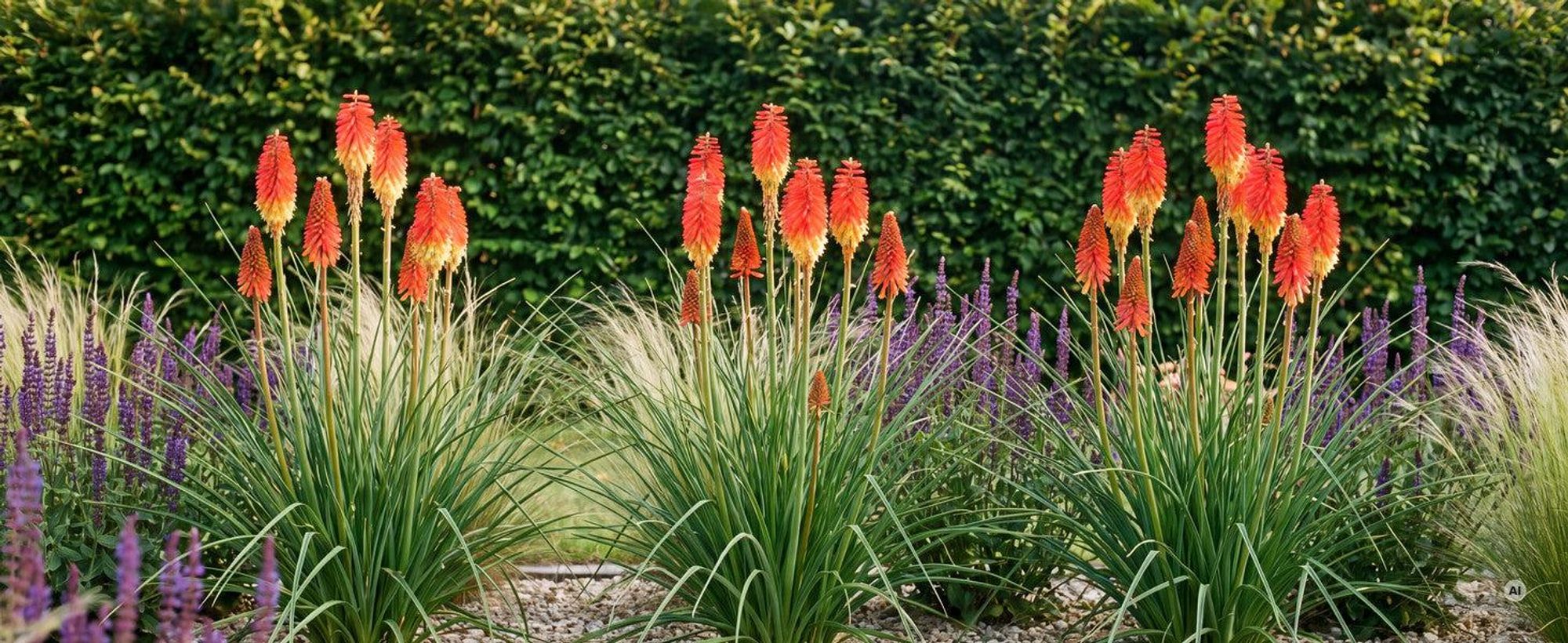 Drei blühende Kniphofia 'Papaya Popsicle' im sonnigen Kiesbeet