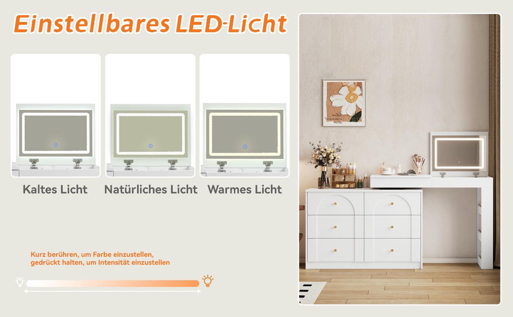 Flieks Schminktisch mit Drehbarem Beistelltisch, Schminkkommode mit Led, Frisierkommode Frisiertisch mit Schubladen und Regal, Weiß