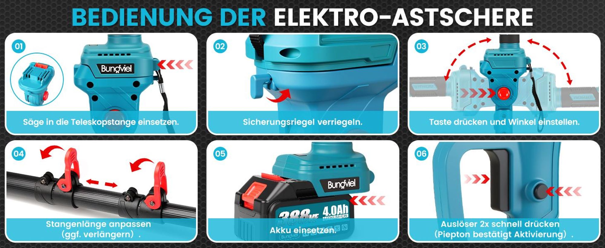 Akku Hochentaster 4-in-1 Bürstenloser Elektro Teleskop Hochentaster Astsäge Gartenschere mit 2× Akku, 2m Stangenlänge, Kompakte Hochentaster zum Baum