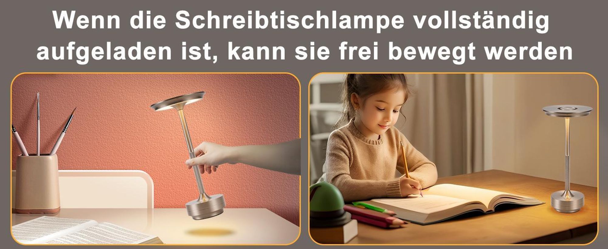 ZMH Nachttischlampe Kabellos Tischlampe Akku - LED Tischleuchte Touch Dimmbar Lampe mit USB Aufladbar Batterie Tischlampen Nickel 2er Set für Modern Fensterbank Wohnzimmer Kinderzimmer Schlafzimmer