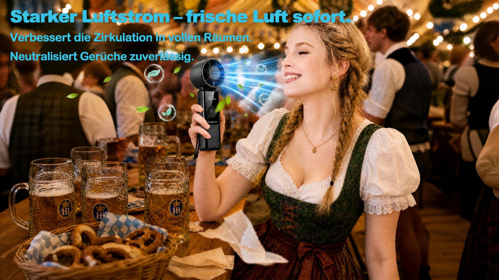 Tragbarer Handventilatoren USB, Faltbar Mini Ventilator Leise mit 4000 mAh Akku bis 16 Std. Laufzeit, LED-Display, 1-199 Geschwindigkeitsstufen