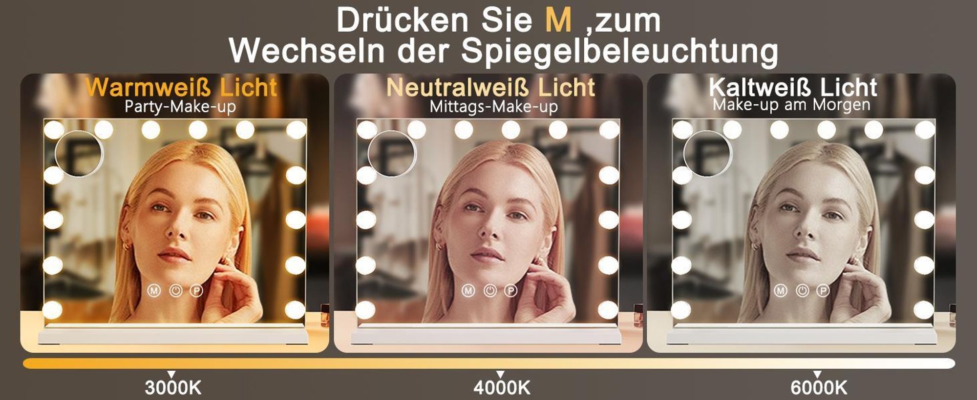 ZMH lusterko do makijażu lusterko kosmetyczne ściemnialne 50x40cm lusterko z oświetleniem LED 3 tryby sterowania dotykowego lusterko stołowe do toaletki białe