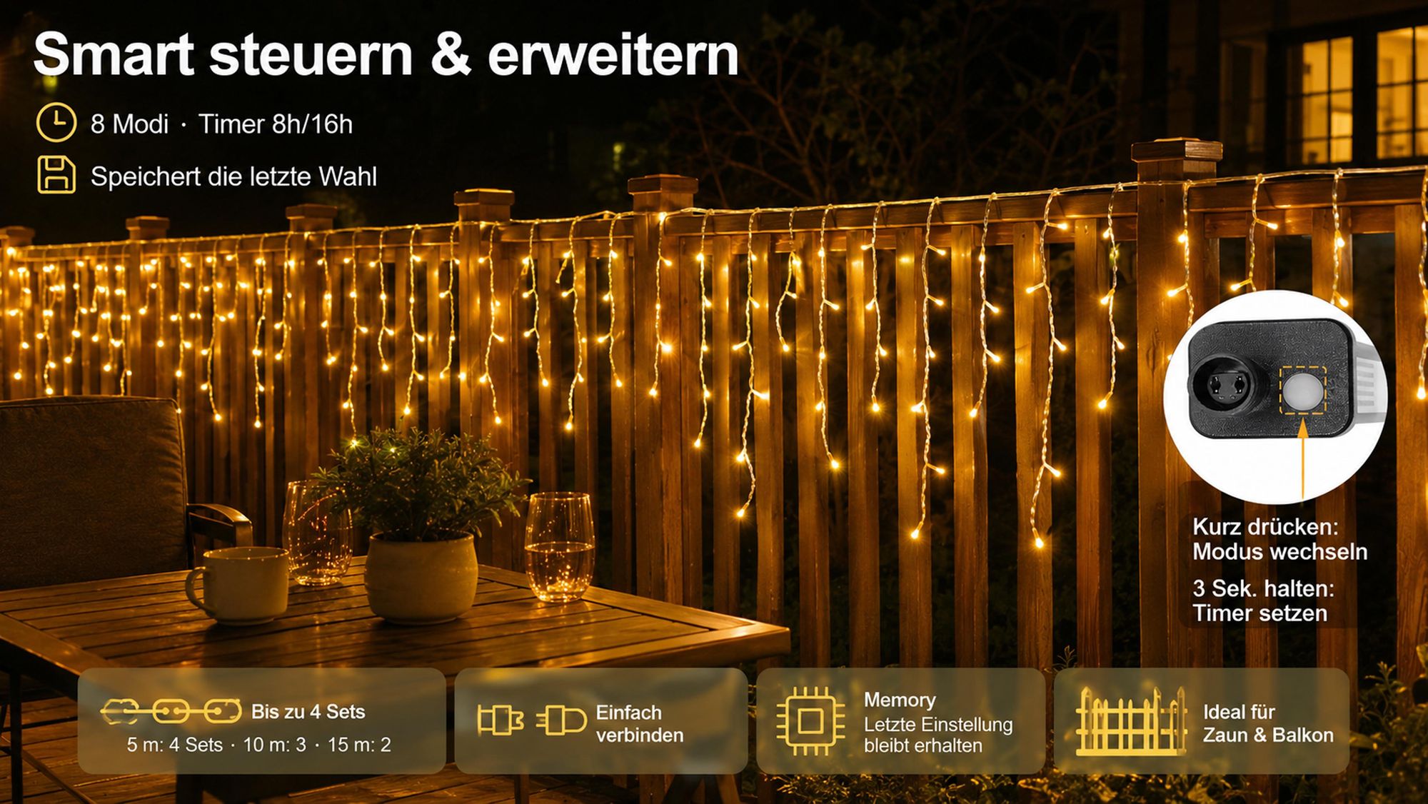 Eisregen Lichterkette Warmweiß 15M Eiszapfen Led Lichterketten 8 Modi Timer und Speicherfunktionen Fenster Dachrinne Balkon Garten Weihnachten Deko