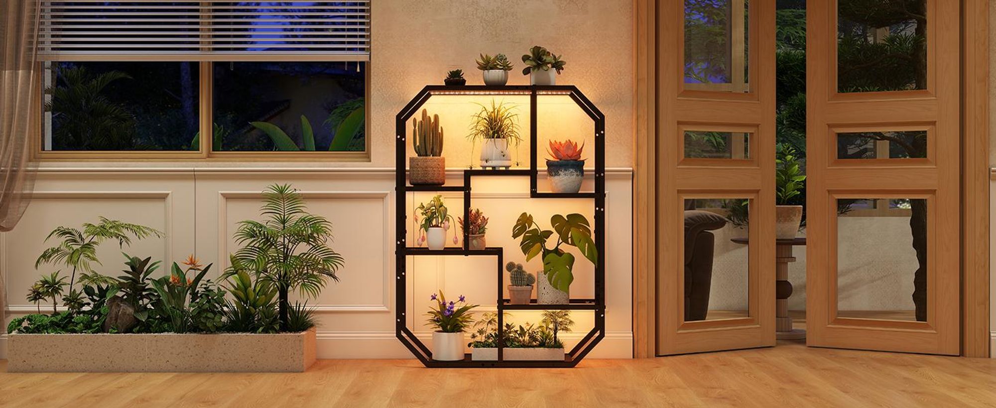 Puluomis LED Wandregal mit Musik-Modus 85x63cm, Beleuchtetes Regal mit 7 Farben 58 Modi, Wand- oder Bodenmontage mit Anti-Kipp, Für Wohnzimmer Bar