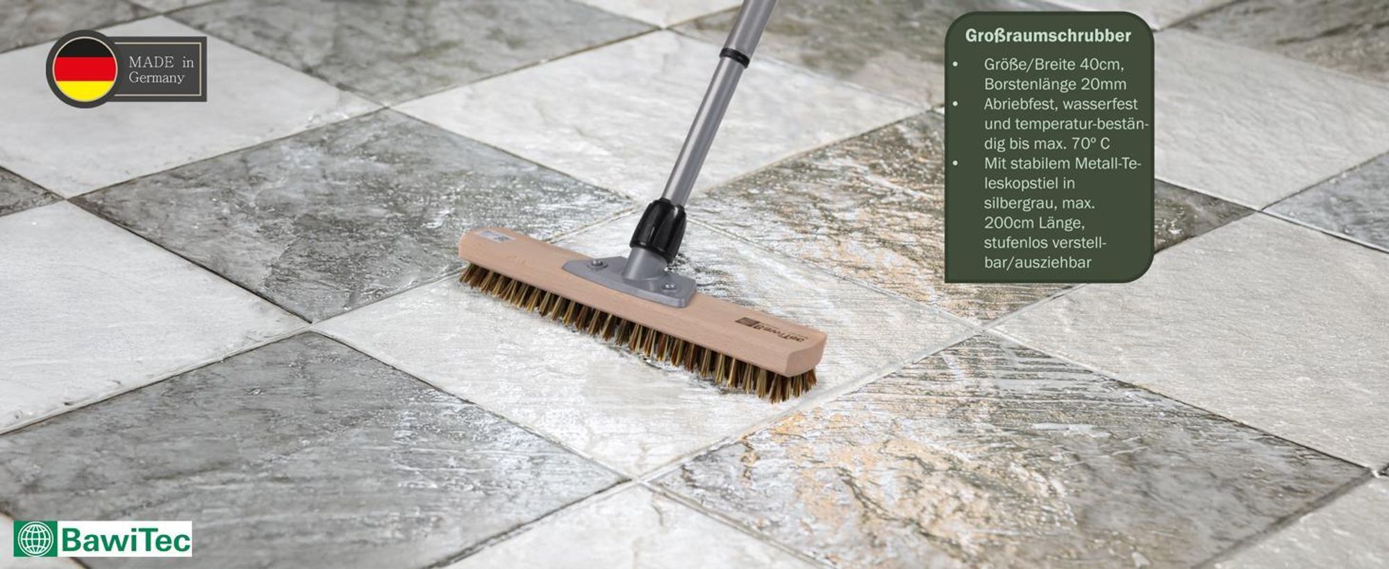 BawiTec Großraumschrubber harte Borsten Breite 40cm mit Teleskopstiel 200cm Lang Schrubber Stiel ausziehbar